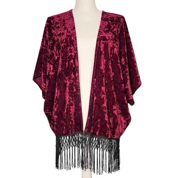 Vintage Y2K Wet Seal Burgundy Crushed Velvet Fringe Open Jacket Boho Chic Party - Picture 1 of 10